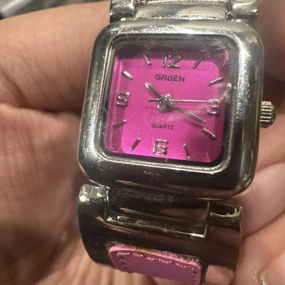 Working Gruen Women's Watch Square Wide Pink Dial &‎ Steel band 24mm Fit 6.5in